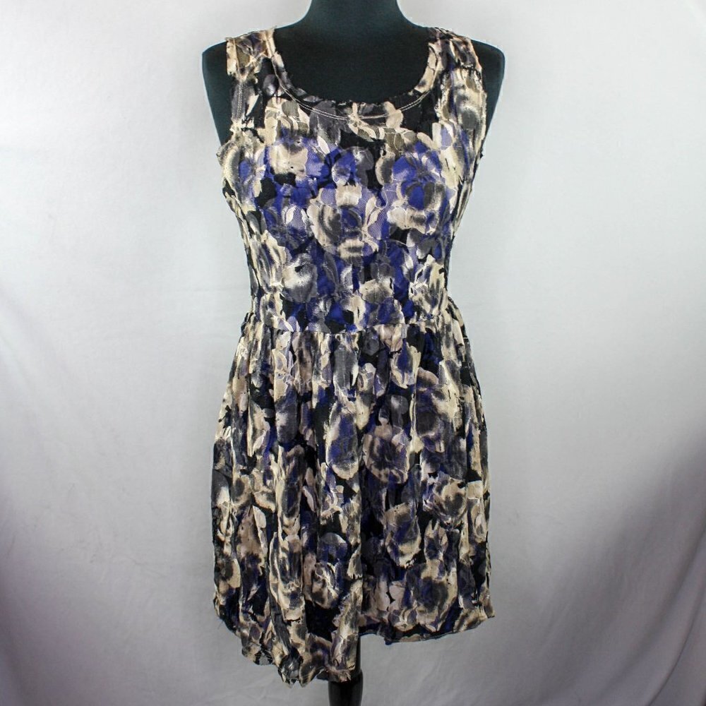 Pins And Needles Mini Dress Sleeveless Raw Edge Floral Net Overlay Purpl…